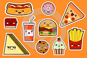 Fastfood fashion, cartoon kawaii stickers illustrations icon set. gamburger, pizza, sandwich, cake. Flat