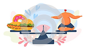 Fastfood and fat man on scale, vector illustration. Unhealthy overweight peron character, big adult man eat cartoon