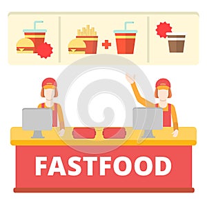 Fastfood flat vector style cash desk, cashier, menu, workers