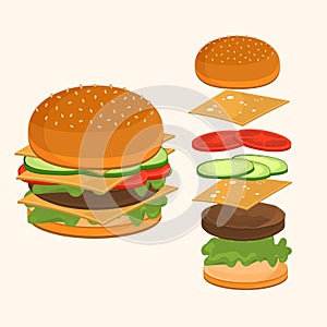 Fastfood. Hamburger ingredients vector illustration.