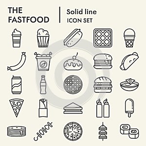 Fastfood line icon set, snack symbols collection, vector sketches, logo illustrations, eat signs linear pictograms