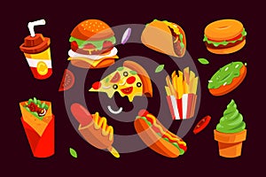 Fastfood restaurant cartoon icons set photo