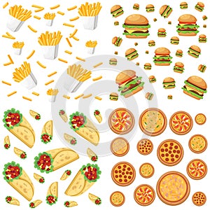 Fastfood restaurant colorful frame black background poster burger pizza sandwich hotdog illustration