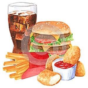 Fastfood set, ketchup, hamburger, french fies, cola, chicken nuggets