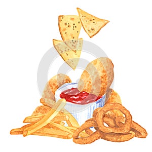 Fastfood set, ketchup, nachos, onion rings, french fies, hand drawn watercolor