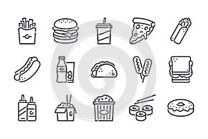 Fastfood and Street food related line icon set.