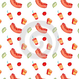 Fastfood watercolor illustration: hot dog, french fries and drinks . Food and drinks seamless pattern. Decoration wallpaper for re