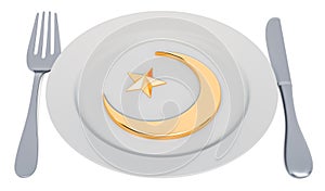 Fasting in Islam concept. Plate with star and crescent. 3D rendering