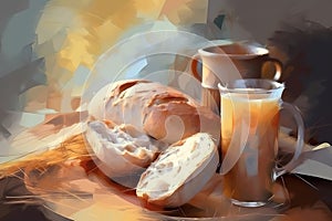 Fasting symbols of bread and water with of Jesus Christ on Calvary hill abstract artistic modern digital pastel style illustration