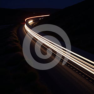 Fastmoving train trail lights across dark night road