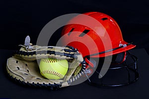 Fastpitch Softball Ball, Glove & Helmet photo