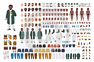 Fat African American man constructor set or DIY kit. Bundle of flat cartoon character body parts, postures, gestures