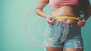 Fat African American woman in short jeans measuring her waist close up. Chubby woman isolated in a light blue background.