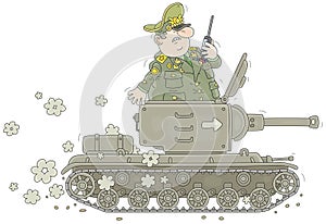 Fat army general on an old rattling tank