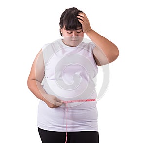 Fat Asian woman wear white t-shirt and checking her body size wi