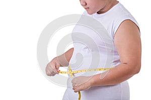 Fat Asian woman wear white t-shirt and checking her body size wi