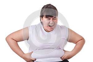 Fat Asian woman wear white t-shirt worried about her body size