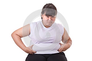 Fat Asian woman wear white t-shirt worried about her body size