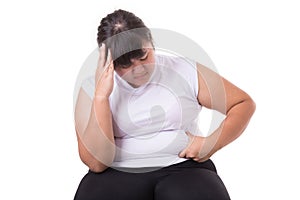 Fat Asian woman wear white t-shirt worried about her body size