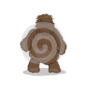 Fat bigfoot in cartoon style. Brown yeti. Isolated image of fantasy forest monster