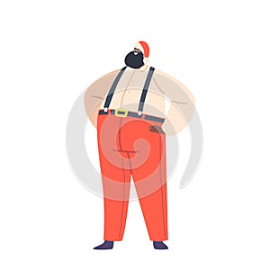Fat Black Santa Claus in Red Traditional Hat and Pants on Suspenders Isolated on White Background African Character