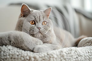 Fat blue British Shorthair cat is resting on a grey couch. The image is generated with the use of an AI.