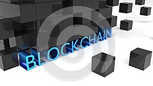 Fat blue metallic letters showing the word blockchain surrounded