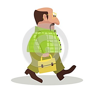 Fat and bold office worker walking with briefcase