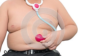 Fat boy use stethoscope to check him belly irolated.