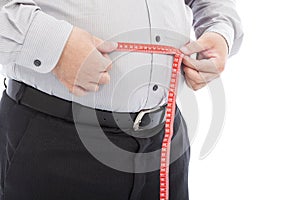 Fat business man use scale to measure his waistline