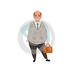 Fat businessman with bald head holding brown briefcase.