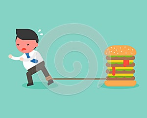 Fat Businessman chained with giant hamburger and try to runaway