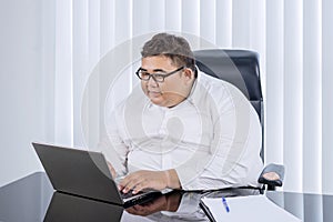 Fat businessman with glasses working at his laptop