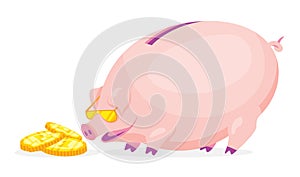 Fat cartoon pig piggy bank wearing golden glasses