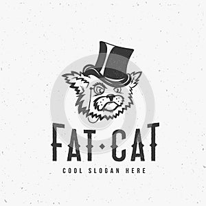 Fat Cat Abstract Vintage Vector Sign, Symbol or Logo Template with Shabby Textures and Print Effect.