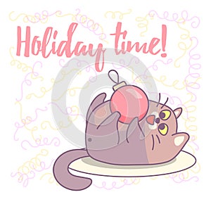 Fat cat playing with Christmas ornament. New year vector greeting card design