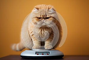 Fat cat on scales on. Weight control concept. Copy space