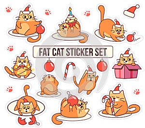 Fat cat sticker set for Christmas and New year holidays. Cartoon style design. Vector illustration with red pet