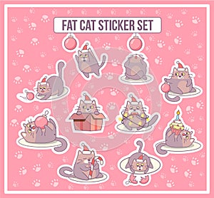 Fat cat sticker set for Christmas and New year holidays. Minimalistic design. Cartoon style. Vector illustration