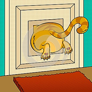 Fat cat stuck pop art vector illustration