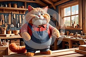 A fat cat in a T-shirt works in his carpentry workshop