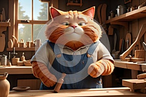 A fat cat in a T-shirt works in his carpentry workshop