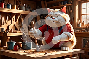 A fat cat in a T-shirt works in his carpentry workshop