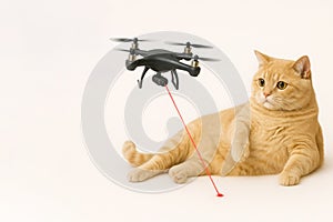 A fat cat watches the laser from a drone. Space for text.