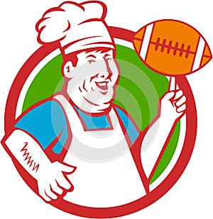 Fat Chef Cook Twirling Football Circle Retro