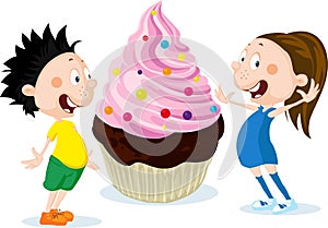 Fat children with big cake cartoon illustration isolated on white - flat design