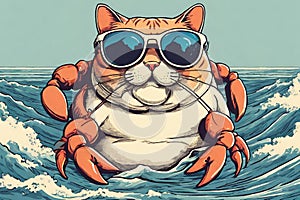 A fat, comical cat wearing sunglasses is riding a crab through the waves