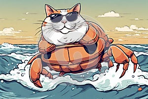 A fat, comical cat wearing sunglasses is riding a crab through the waves