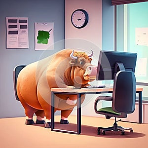 A fat cow is sitting at the office table in front of a computer. Sedentary lifestyle concept