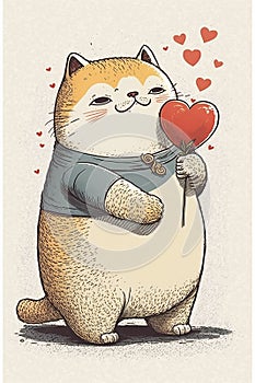 Fat cute cat with a heart-shaped balloon